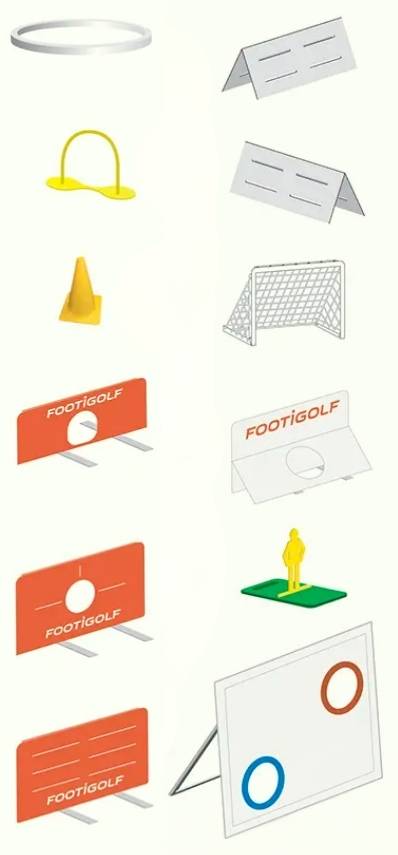 Représentation des différents éléments d'obstacles de Footigolf Club : anneau, arceaux, plots, passage forcé, mur cible, mur de renvoi, tunnel, dos d'âne, cage de but, cible inclinée, défenseur, mur multi cible